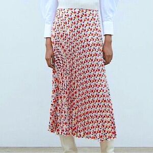 Zara Orange Geometric Print Pleated Midi Skirt sz L